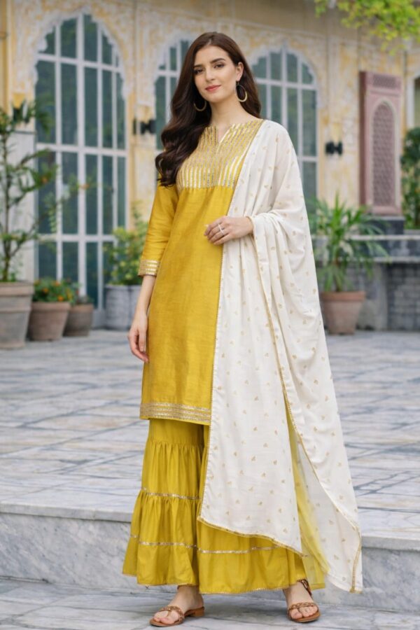 Mustard Yellow Kurti Sharara Set with Ivory Printed Dupatta