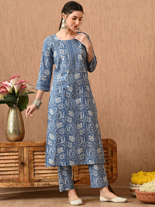 Indigo Blue Printed Kurta Set with Dupatta cotton 60-60