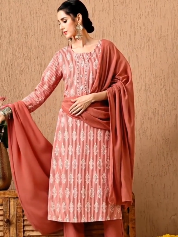 Elegant Peach Printed handwork Kurti Set with Dupatta